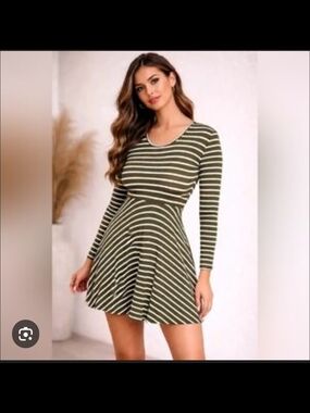 Charlotte Russe Olive Green & White Striped Long-Sleeve Fit-and-Flare Dress